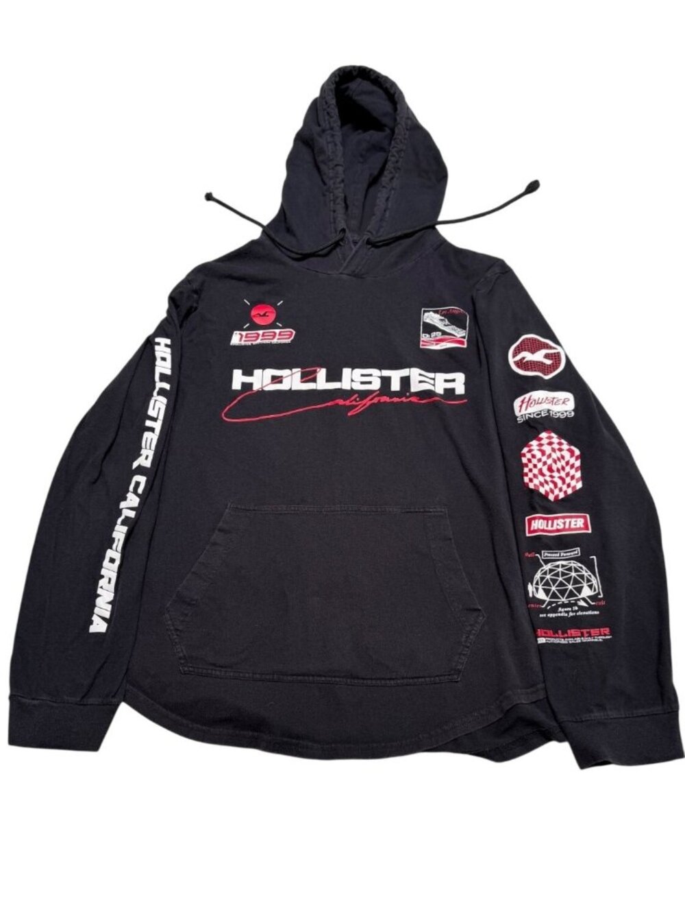 Authentic Hollister California Graphic Hoodie Black Cotton 1999 patch Logos SzL